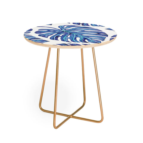 Avenie Tropical Palm Leaves Blue Round Side Table