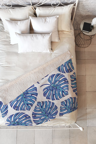 Avenie Tropical Palm Leaves Blue Fleece Throw Blanket