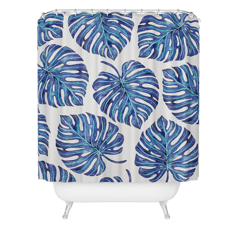 Avenie Tropical Palm Leaves Blue Shower Curtain
