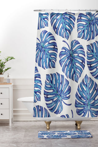 Avenie Tropical Palm Leaves Blue Shower Curtain And Mat
