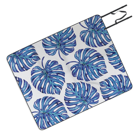 Avenie Tropical Palm Leaves Blue Picnic Blanket