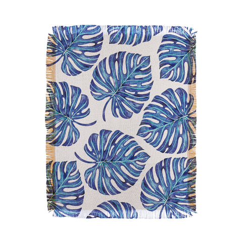 Avenie Tropical Palm Leaves Blue Throw Blanket