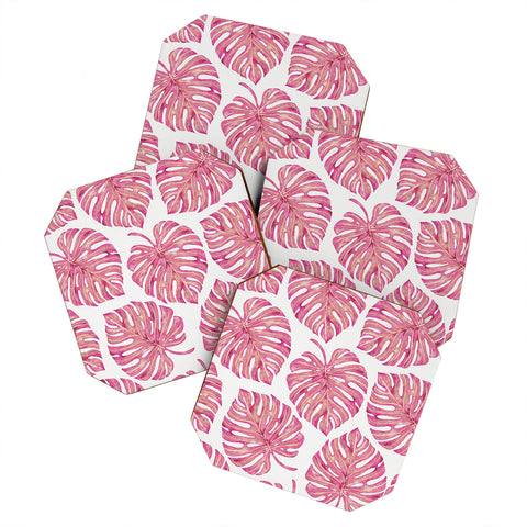 Avenie Tropical Palm Leaves Pink Coaster Set