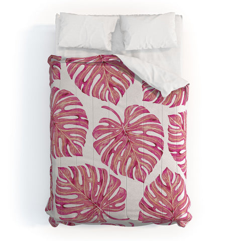Avenie Tropical Palm Leaves Pink Comforter