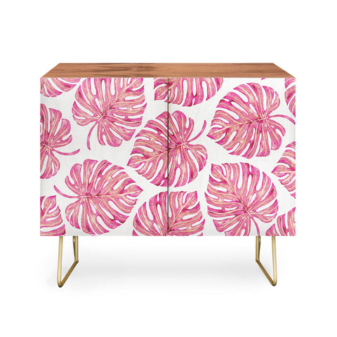 Avenie Tropical Palm Leaves Pink Credenza