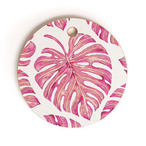 Avenie Tropical Palm Leaves Pink Cutting Board Round