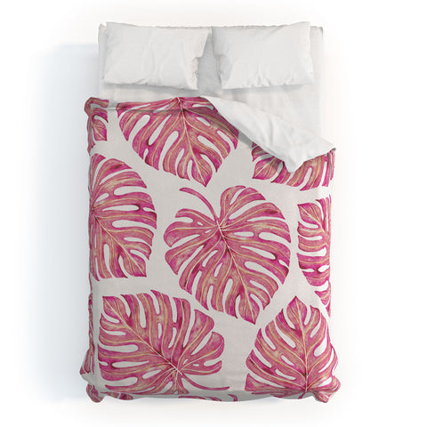 Avenie Tropical Palm Leaves Pink Duvet Cover