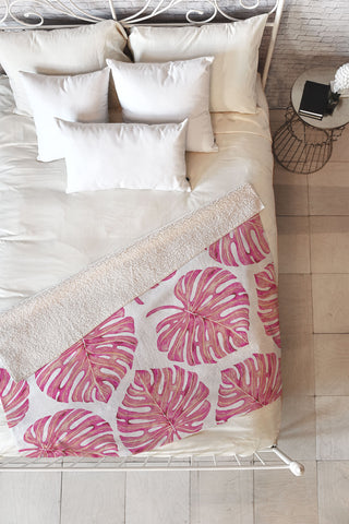 Avenie Tropical Palm Leaves Pink Fleece Throw Blanket