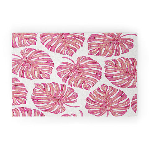 Avenie Tropical Palm Leaves Pink Welcome Mat