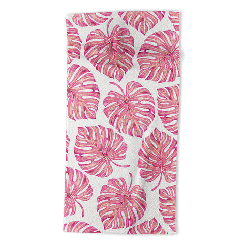 Avenie Tropical Palm Leaves Pink Beach Towel