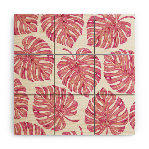 Avenie Tropical Palm Leaves Pink Wood Wall Mural