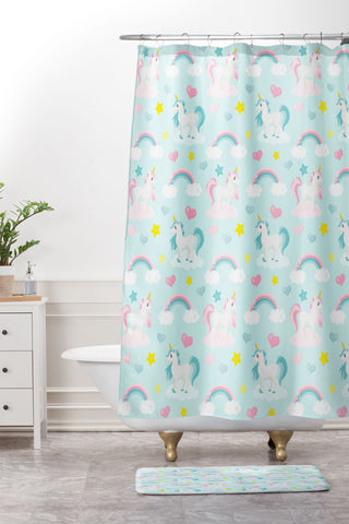 Avenie Unicorn Fairy Tale Blue Shower Curtain And Mat