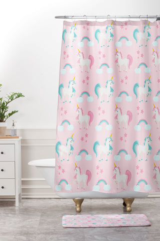 Avenie Unicorn Fairy Tale Pink Shower Curtain And Mat