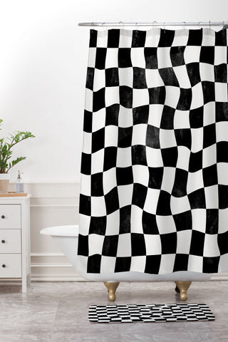Avenie Warped Checkerboard BW Shower Curtain And Mat
