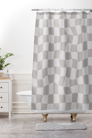 Avenie Warped Checkerboard Grey Shower Curtain And Mat