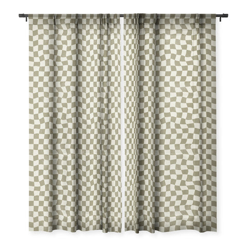 Avenie Warped Checkerboard Olive Sheer Window Curtain