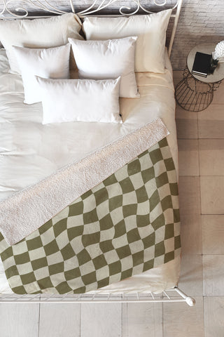 Avenie Warped Checkerboard Olive Fleece Throw Blanket