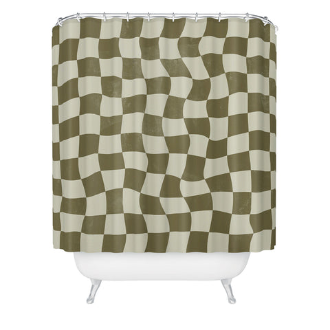Avenie Warped Checkerboard Olive Shower Curtain