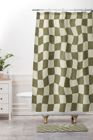 Avenie Warped Checkerboard Olive Shower Curtain And Mat