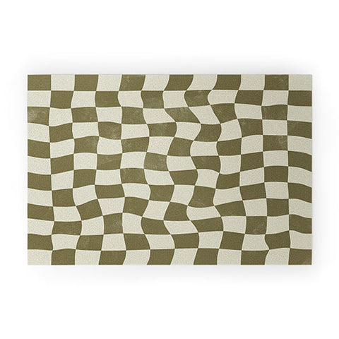 Avenie Warped Checkerboard Olive Welcome Mat