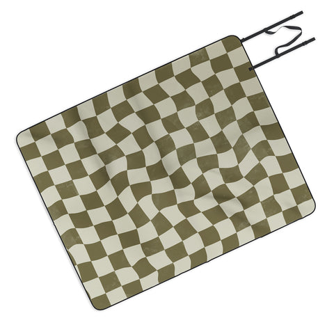 Avenie Warped Checkerboard Olive Picnic Blanket