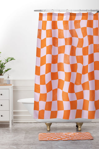 Avenie Warped Checkerboard Shower Curtain And Mat