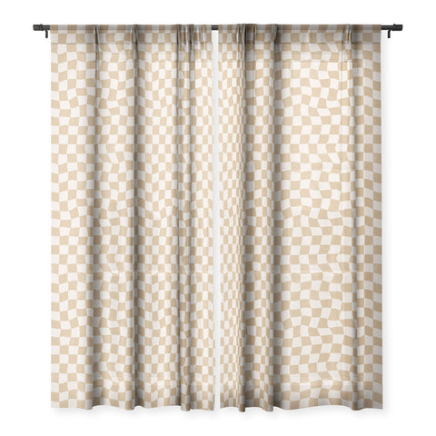 Avenie Warped Checkerboard Tan Sheer Window Curtain