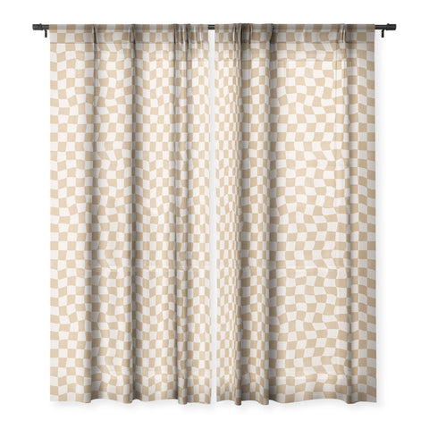 Avenie Warped Checkerboard Tan Sheer Window Curtain