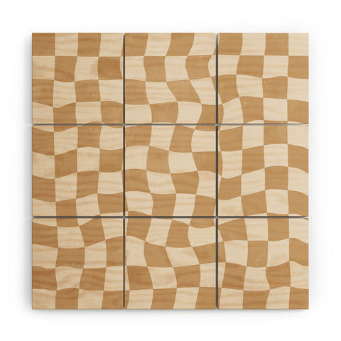 Avenie Warped Checkerboard Tan Wood Wall Mural