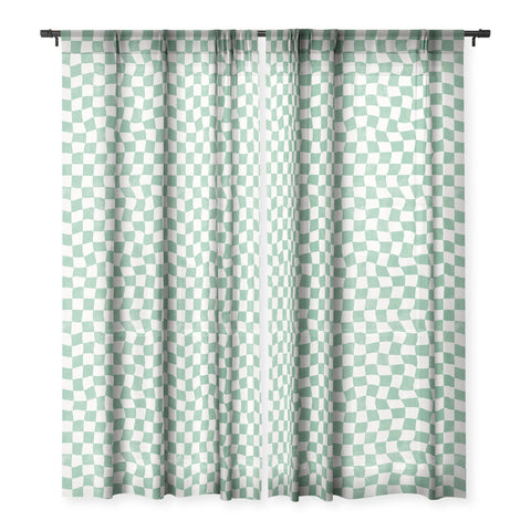 Avenie Warped Checkerboard Teal Sheer Window Curtain