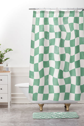 Avenie Warped Checkerboard Teal Shower Curtain And Mat