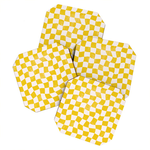 Avenie Warped Checkerboard Yellow Coaster Set