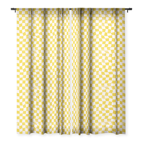 Avenie Warped Checkerboard Yellow Sheer Window Curtain