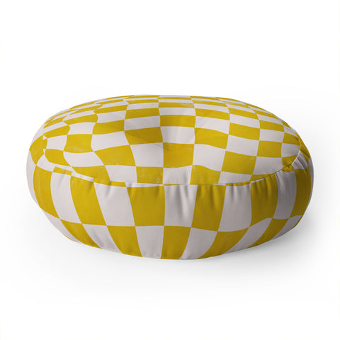 Avenie Warped Checkerboard Yellow Floor Pillow Round