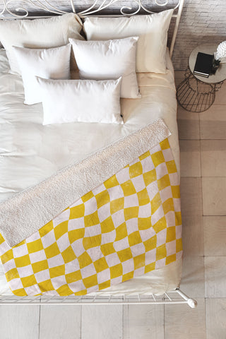 Avenie Warped Checkerboard Yellow Fleece Throw Blanket