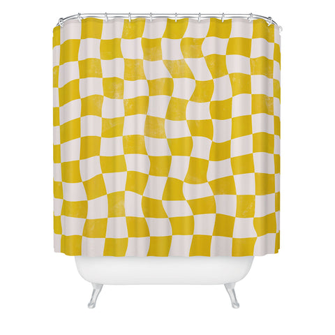 Avenie Warped Checkerboard Yellow Shower Curtain