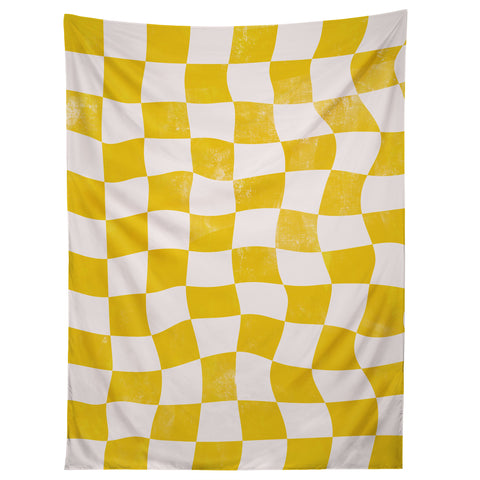 Avenie Warped Checkerboard Yellow Tapestry