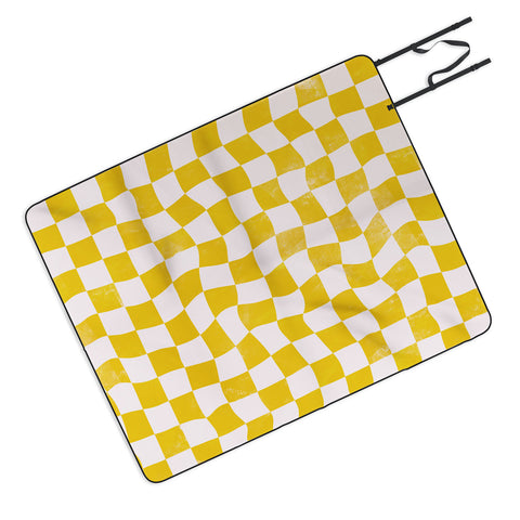 Avenie Warped Checkerboard Yellow Picnic Blanket