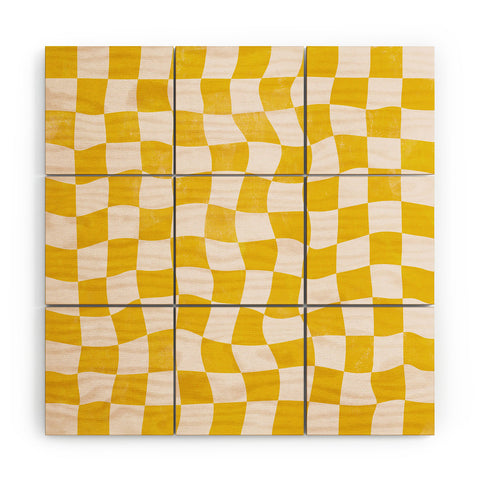 Avenie Warped Checkerboard Yellow Wood Wall Mural