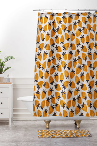 Avenie Yellow and Grey Strawberries Shower Curtain And Mat