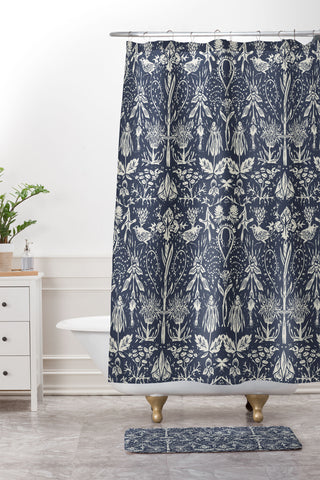 Becky Bailey Flight of Fancy in Dark Blue Shower Curtain And Mat