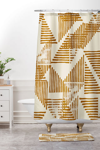 Becky Bailey Stripe Triangle Block Print Geometric Pattern in Orange Shower Curtain And Mat
