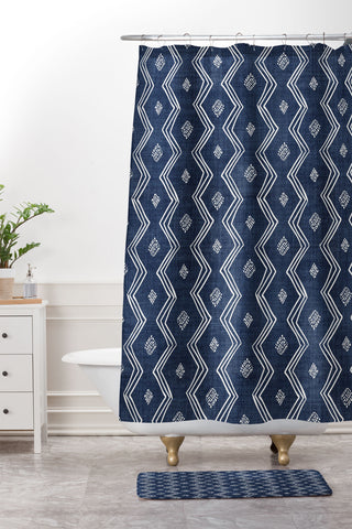 Becky Bailey Village in Navy Blue Shower Curtain And Mat