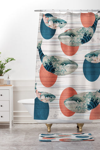 Belle13 Blue Whale Polka Shower Curtain And Mat