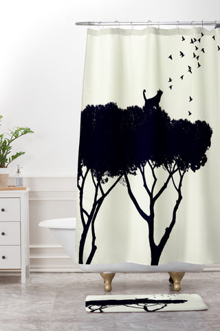 Belle13 Cat and Birds Shower Curtain And Mat