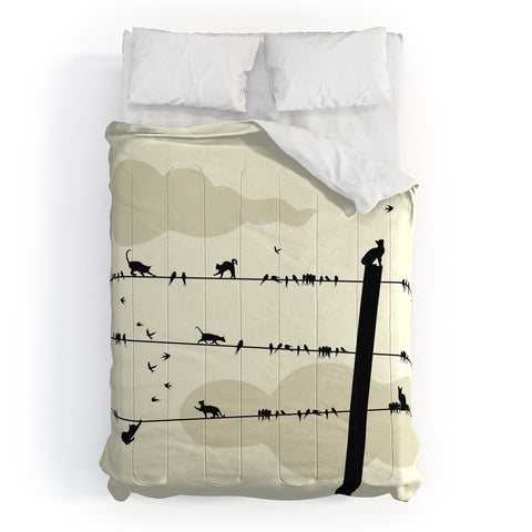 Belle13 Cats And Birds On Wires Comforter