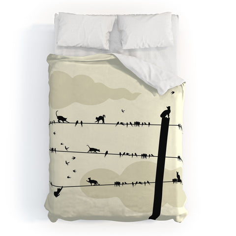 Belle13 Cats And Birds On Wires Duvet Cover