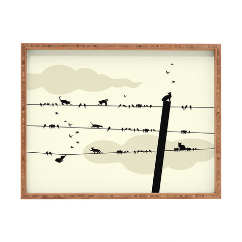 Belle13 Cats And Birds On Wires Rectangular Tray