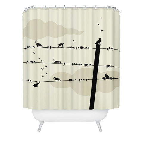 Belle13 Cats And Birds On Wires Shower Curtain