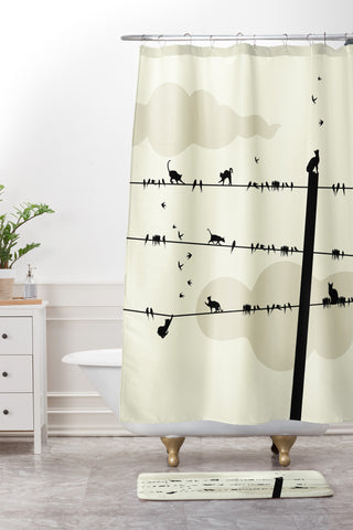 Belle13 Cats And Birds On Wires Shower Curtain And Mat